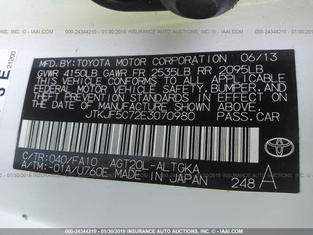 JTKJF5C72E3070980 - 2014 TOYOTA SCION TC 白色 照片 9