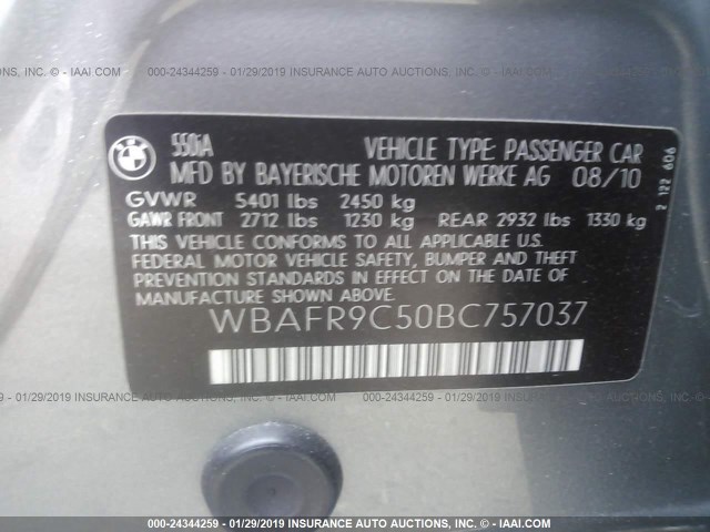 WBAFR9C50BC757037 - 2011 BMW 550 I GRAY photo 9