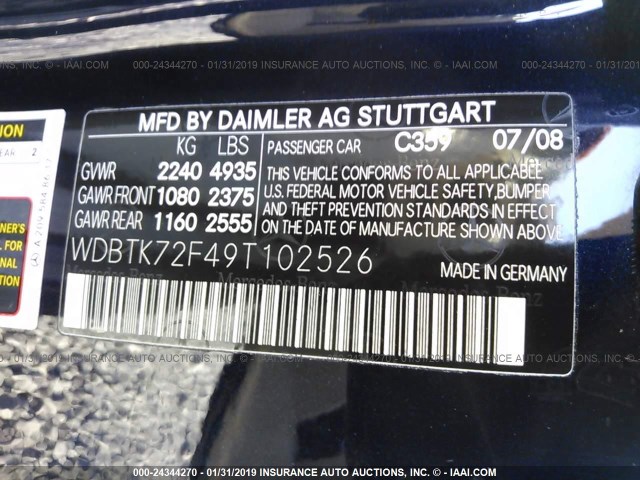 WDBTK72F49T102526 - 2009 MERCEDES-BENZ CLK 550 BLUE photo 9