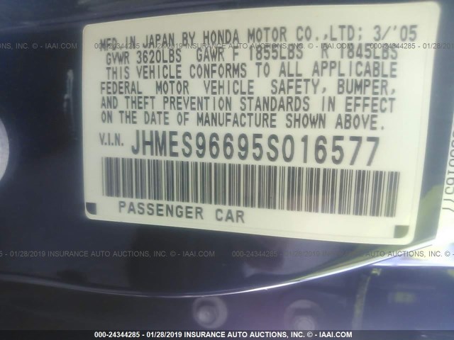 JHMES96695S016577 - 2005 HONDA CIVIC HYBRID BLUE photo 9