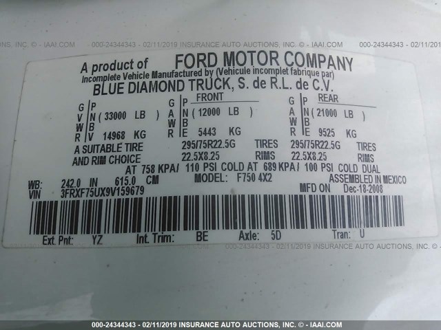 3FRXF75UX9V159679 - 2009 FORD F750 SUPER DUTY Unknown photo 9