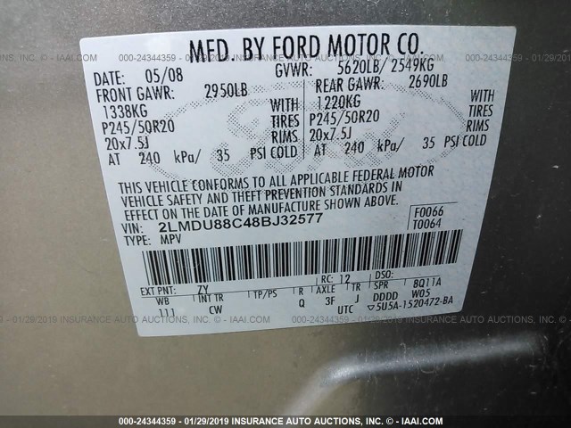 2LMDU88C48BJ32577 - 2008 LINCOLN MKX GRAY photo 9