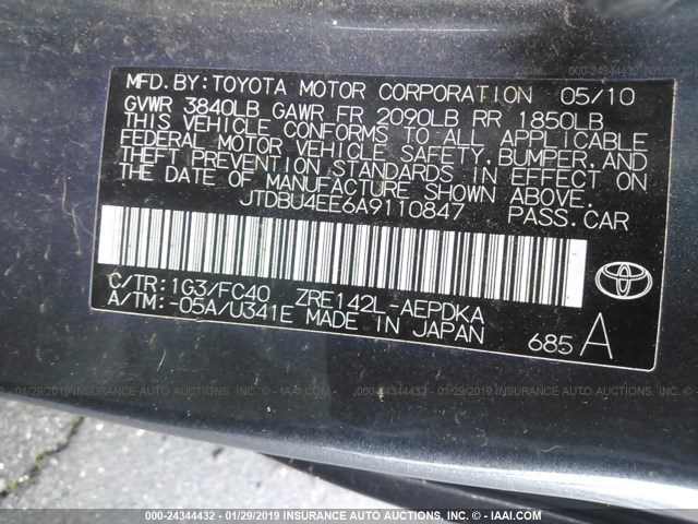 JTDBU4EE6A9110847 - 2010 TOYOTA COROLLA S/LE/XLE GRAY photo 9