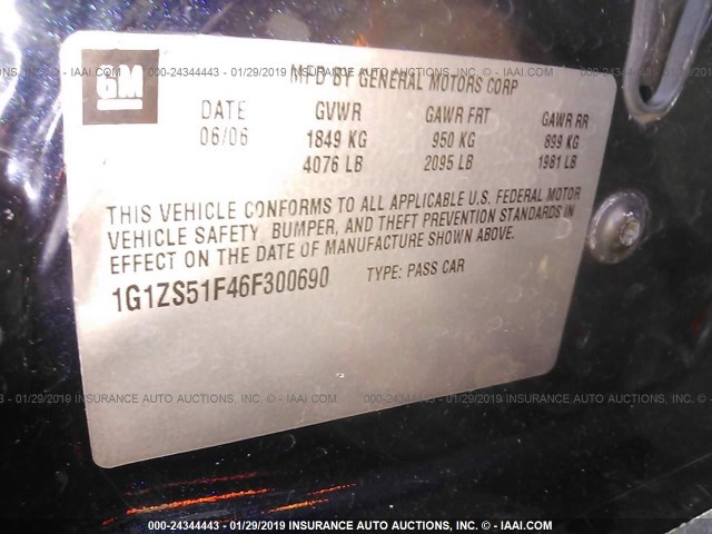 1G1ZS51F46F300690 - 2006 CHEVROLET MALIBU LS Mavi foto 9