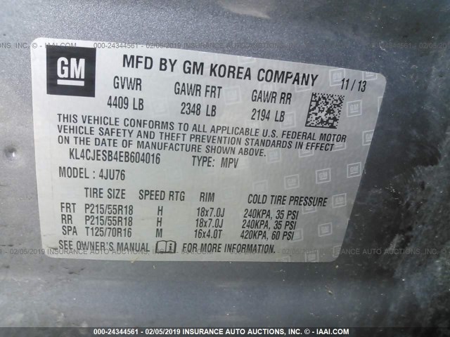 KL4CJESB4EB604016 - 2014 BUICK ENCORE GRAY photo 9