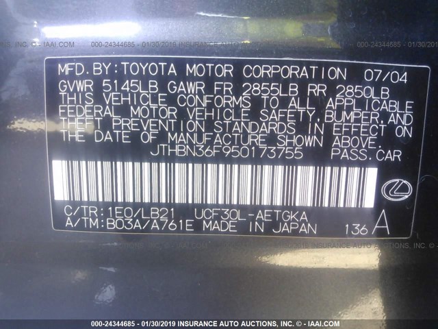 JTHBN36F950173755 - 2005 LEXUS LS 430 GRAY photo 9