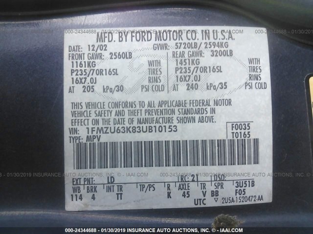 1FMZU63K83UB10153 - 2003 FORD EXPLORER XLT/XLT SPORT/NBX Mavi foto 9