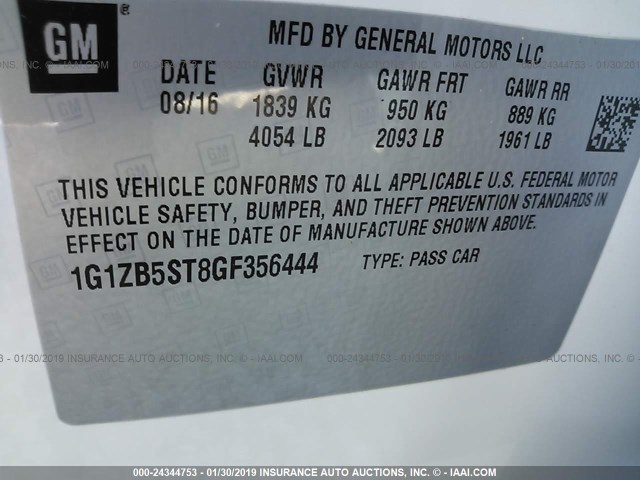 1G1ZB5ST8GF356444 - 2016 CHEVROLET MALIBU LS WHITE photo 9