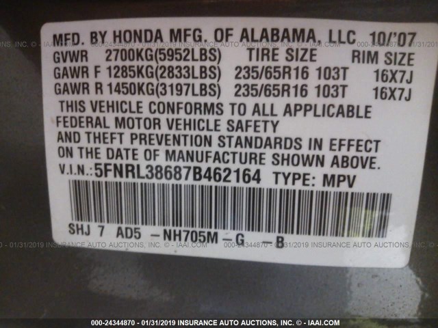 5FNRL38687B462164 - 2007 HONDA ODYSSEY EXL GRAY photo 9