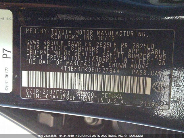 4T1BF1FK9EU327644 - 2014 TOYOTA CAMRY L/SE/LE/XLE 黑色 照片 9