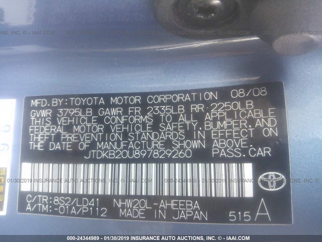 JTDKB20U897829260 - 2009 TOYOTA PRIUS BLUE photo 9