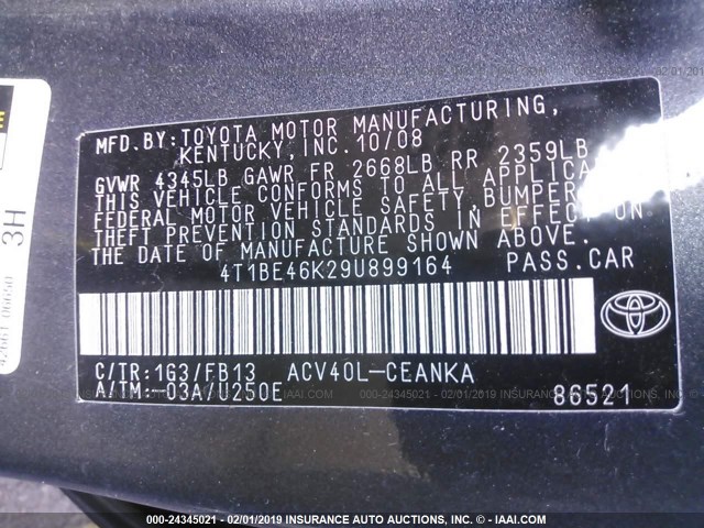 4T1BE46K29U899164 - 2009 TOYOTA CAMRY SE/LE/XLE 灰色 照片 9