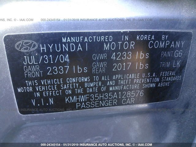 KMHWF35H35A128576 - 2005 HYUNDAI SONATA GLS/LX GRAY photo 9