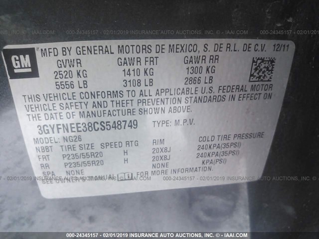 3GYFNEE38CS548749 - 2012 CADILLAC SRX PERFORMANCE COLLECTION GRAY photo 9