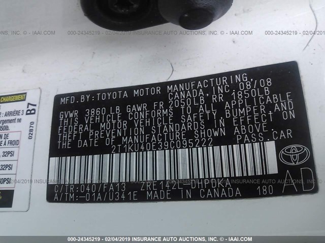 2T1KU40E39C095222 - 2009 TOYOTA COROLLA MATRIX  WHITE photo 9