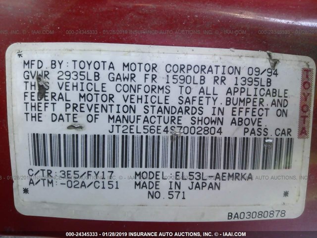 JT2EL56E4S7002804 - 1995 TOYOTA TERCEL DX RED photo 9