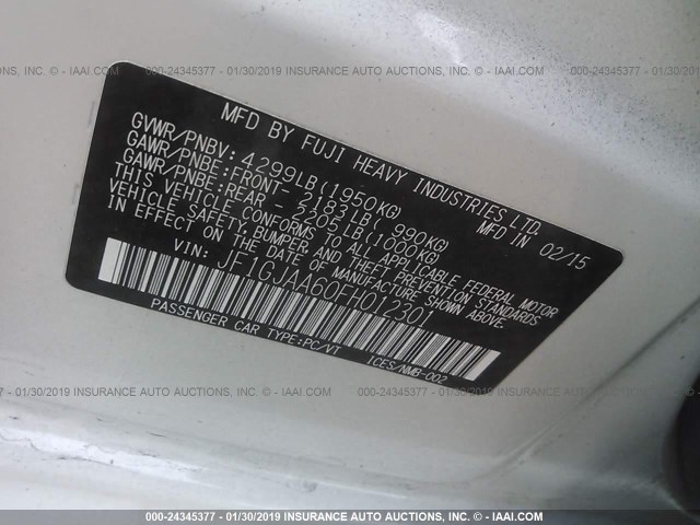 JF1GJAA60FH012301 - 2015 SUBARU IMPREZA WHITE photo 9