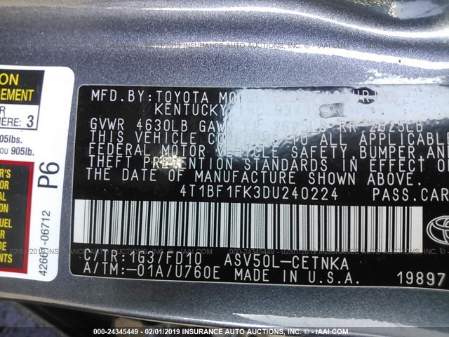 4T1BF1FK3DU240224 - 2013 TOYOTA CAMRY L/SE/LE/XLE GRAY photo 9