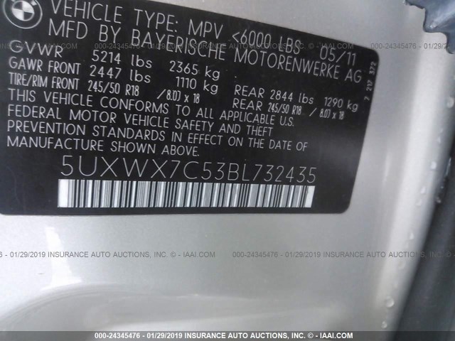 5UXWX7C53BL732435 - 2011 BMW X3 XDRIVE35I Pewter photo 9