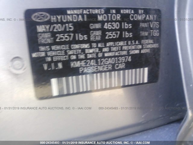 KMHE24L12GA013974 - 2016 HYUNDAI SONATA HYBRID/SE SILVER photo 9