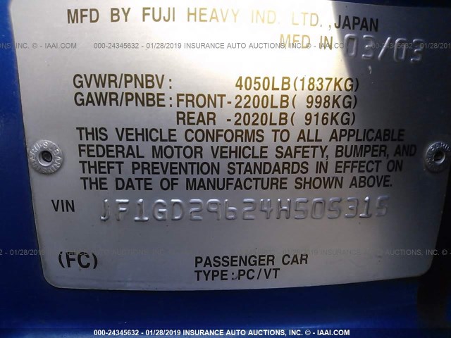 JF1GD29624H505315 - 2004 SUBARU IMPREZA WRX BLUE photo 9