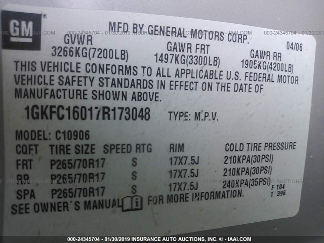 1GKFC16017R173048 - 2007 GMC YUKON XL C1500 SILVER photo 9