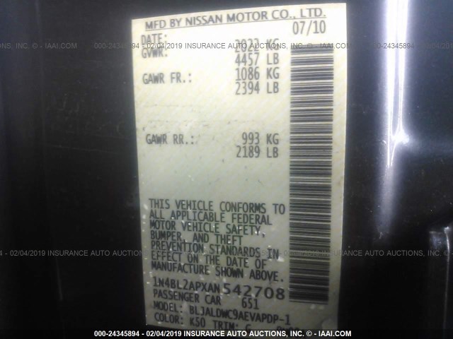 1N4BL2APXAN542708 - 2010 NISSAN ALTIMA SR GRAY photo 9