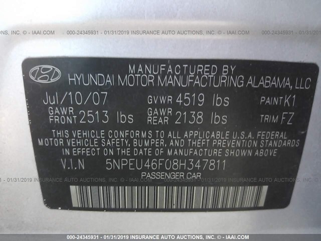 5NPEU46F08H347811 - 2008 HYUNDAI SONATA SE/LIMITED SILVER photo 9