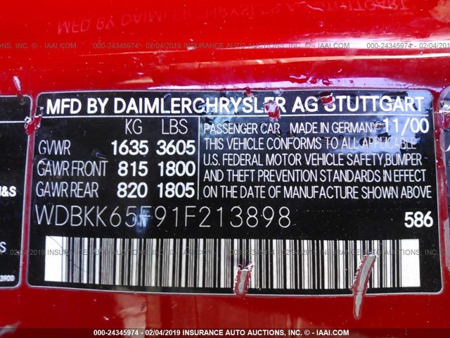 WDBKK65F91F213898 - 2001 MERCEDES-BENZ SLK 320 RED photo 9