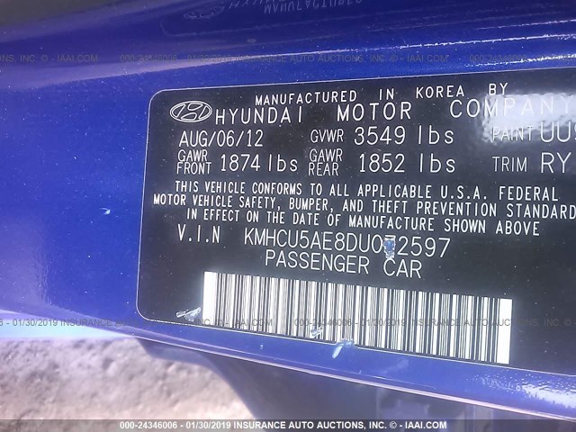 KMHCU5AE8DU072597 - 2013 HYUNDAI ACCENT GLS/SE BLUE photo 9