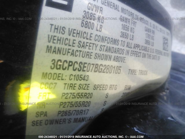 3GCPCSE07BG280105 - 2011 CHEVROLET SILVERADO C1500 LT BLACK photo 9