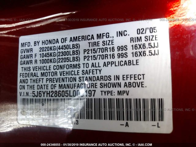 5J6YH28605L009197 - 2005 HONDA ELEMENT EX RED photo 9