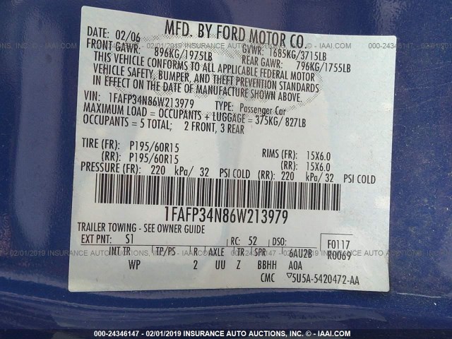 1FAFP34N86W213979 - 2006 FORD FOCUS ZX4 BLUE photo 9