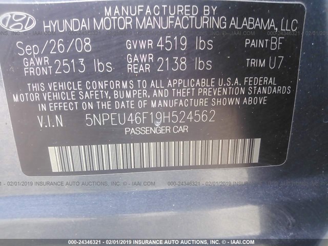 5NPEU46F19H524562 - 2009 HYUNDAI SONATA SE/LIMITED Light Blue photo 9