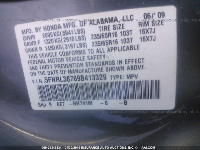 5FNRL38769B413329 - 2009 HONDA ODYSSEY EXL GRAY photo 9