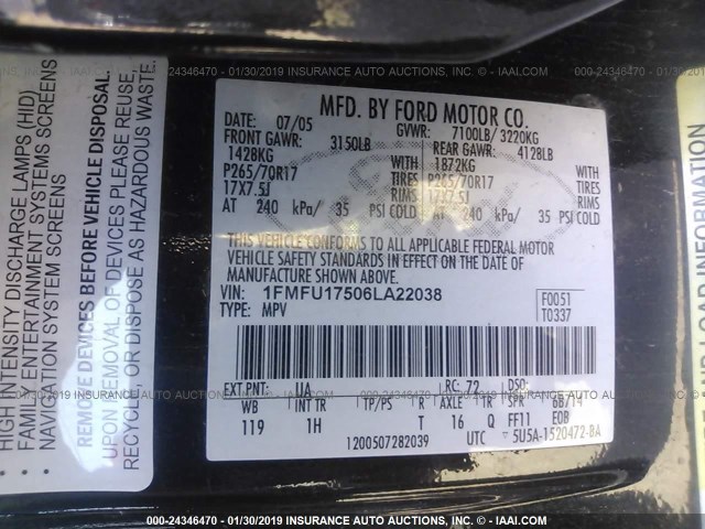 1FMFU17506LA22038 - 2006 FORD EXPEDITION EDDIE BAUER BLACK photo 9