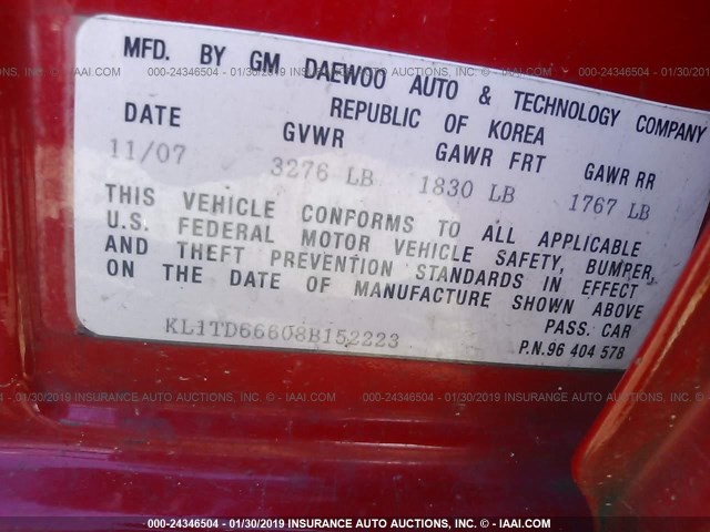 KL1TD66608B152223 - 2008 CHEVROLET AVEO LS RED photo 9
