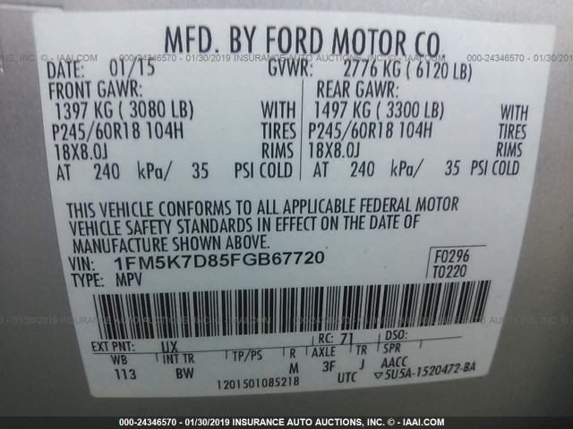 1FM5K7D85FGB67720 - 2015 FORD EXPLORER XLT SILVER photo 9