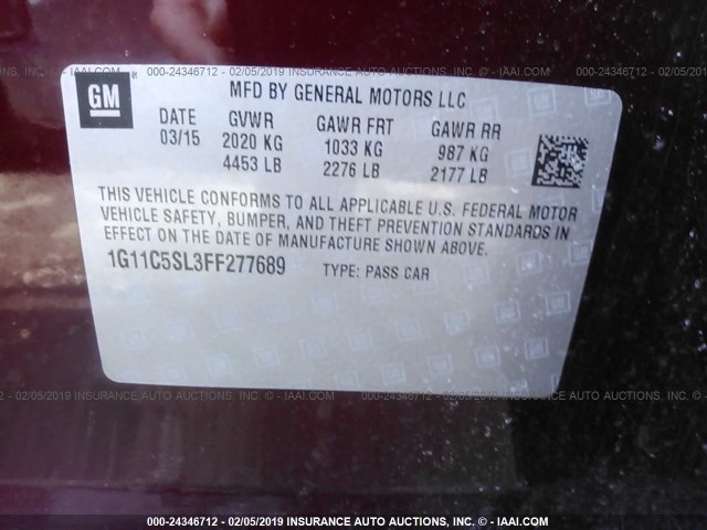 1G11C5SL3FF277689 - 2015 CHEVROLET MALIBU 1LT წითელი ფოტო 9