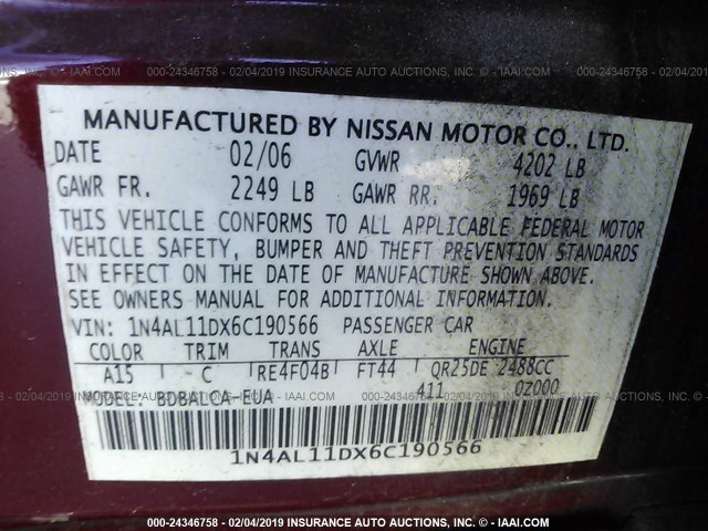 1N4AL11DX6C190566 - 2006 NISSAN ALTIMA S/SL MAROON photo 9