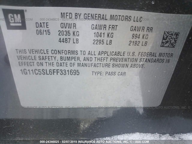 1G11C5SL6FF331695 - 2015 CHEVROLET MALIBU 1LT ნაცრისფერი ფოტო 9