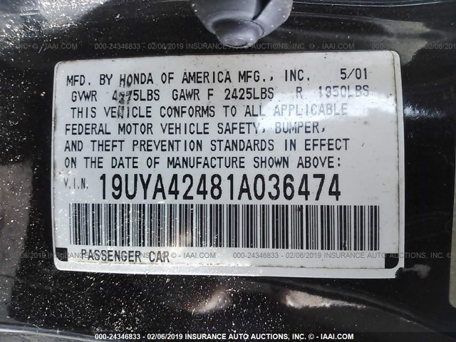 19UYA42481A036474 - 2001 ACURA 3.2CL BLACK photo 9