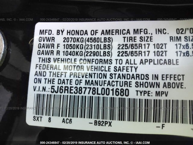 5J6RE38778L001680 - 2008 HONDA CR-V EXL BLACK photo 9