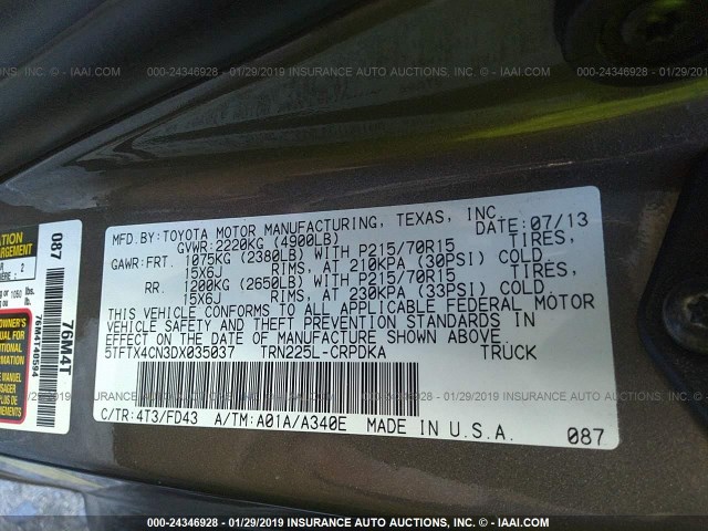 5TFTX4CN3DX035037 - 2013 TOYOTA TACOMA ACCESS CAB ნაცრისფერი ფოტო 9