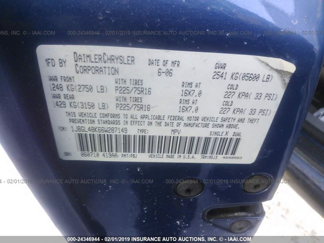 1J8GL48K66W287149 - 2006 JEEP LIBERTY SPORT BLUE photo 9