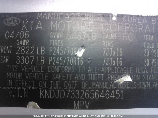 KNDJD733265646451 - 2006 KIA SORENTO EX/LX SILVER photo 9