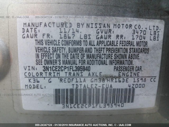 3N1CE2CP1FL395940 - 2015 NISSAN VERSA NOTE S/S PLUS/SV/SL/SR GRAY photo 9