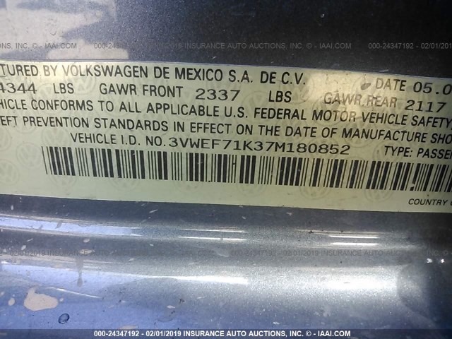 3VWEF71K37M180852 - 2007 VOLKSWAGEN JETTA WOLFSBURG 灰色 照片 9