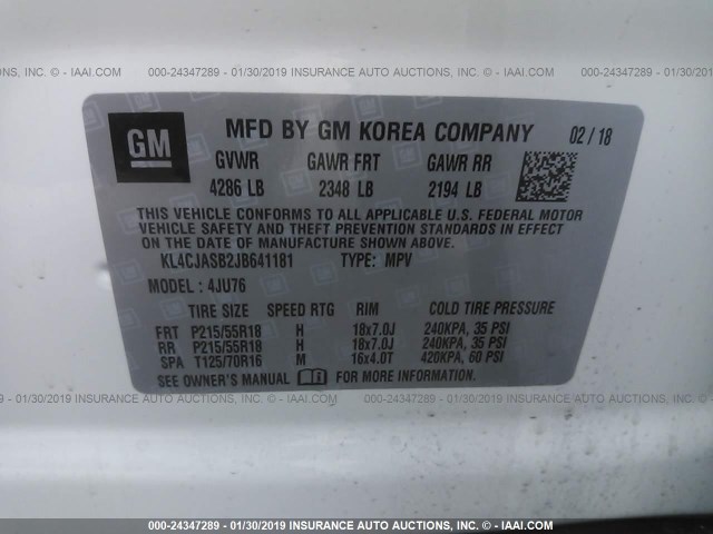 KL4CJASB2JB641181 - 2018 BUICK ENCORE PREFERRED Ақ фото 9