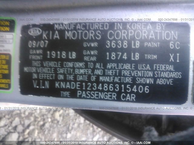 KNADE123486315406 - 2008 KIA RIO LX/SX SILVER photo 9